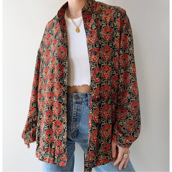 Vintage Tops - Vintage oversized retro print button down shirt shacket bomber 80s 90s